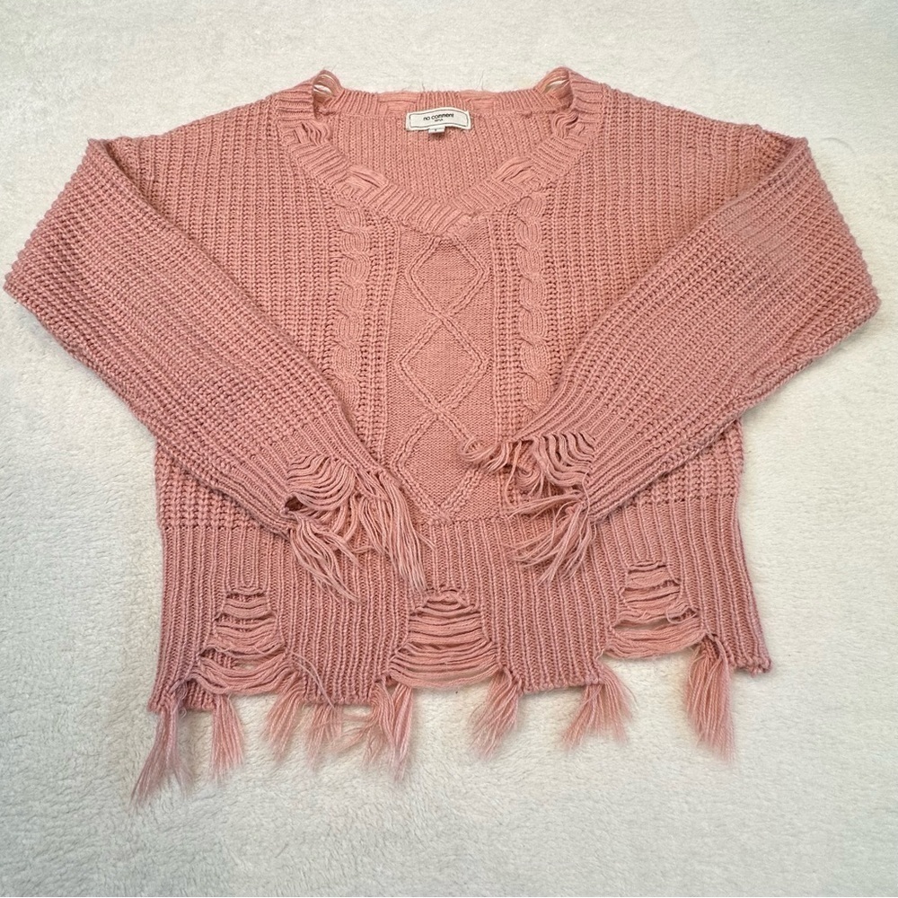 EU No Comment Pink V-Neck Distressed Cableknit Sweater